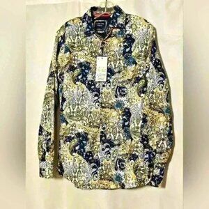 Mens Silver Stone Blue Cream Gold Paisley Shirt Modern Fit NWT Size M
